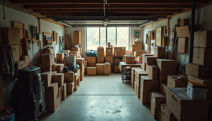 High angle view of a cluttered garage corner filled with boxes and old furniture