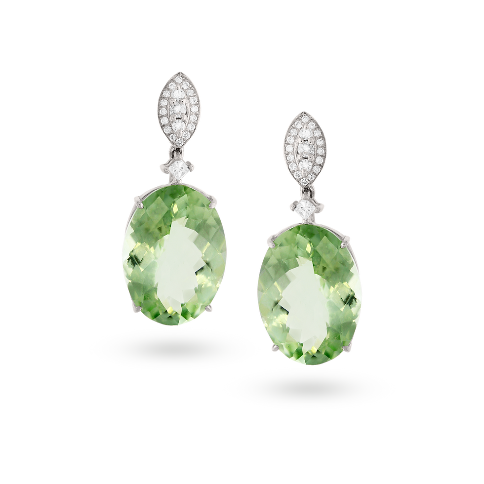 Luxurious green amethyst drop earrings with sparkling diamond accents on a reflective surface