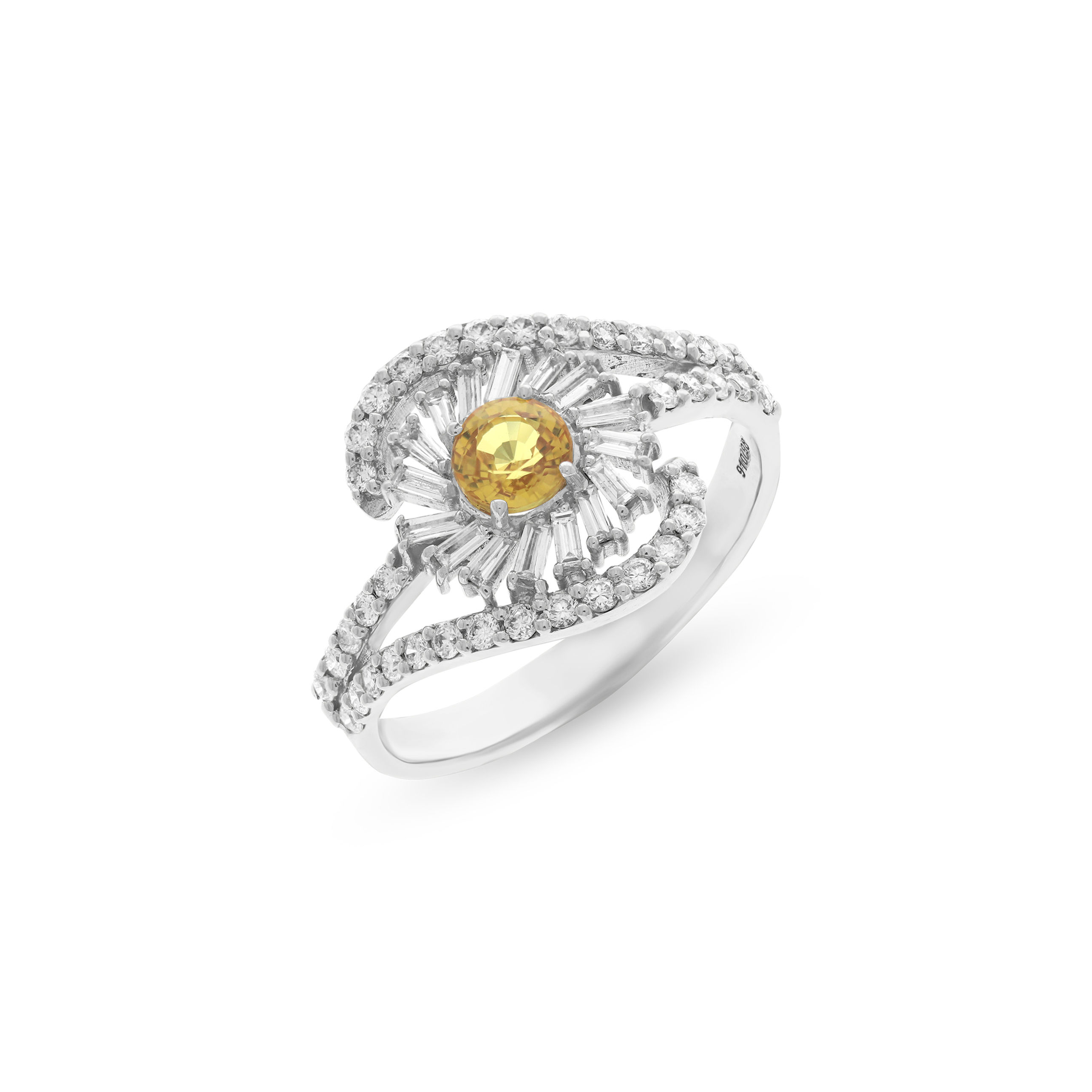 Elegant flower diamond ring with white band, showcasing a brilliant yellow sapphire center amid petal-like diamonds.