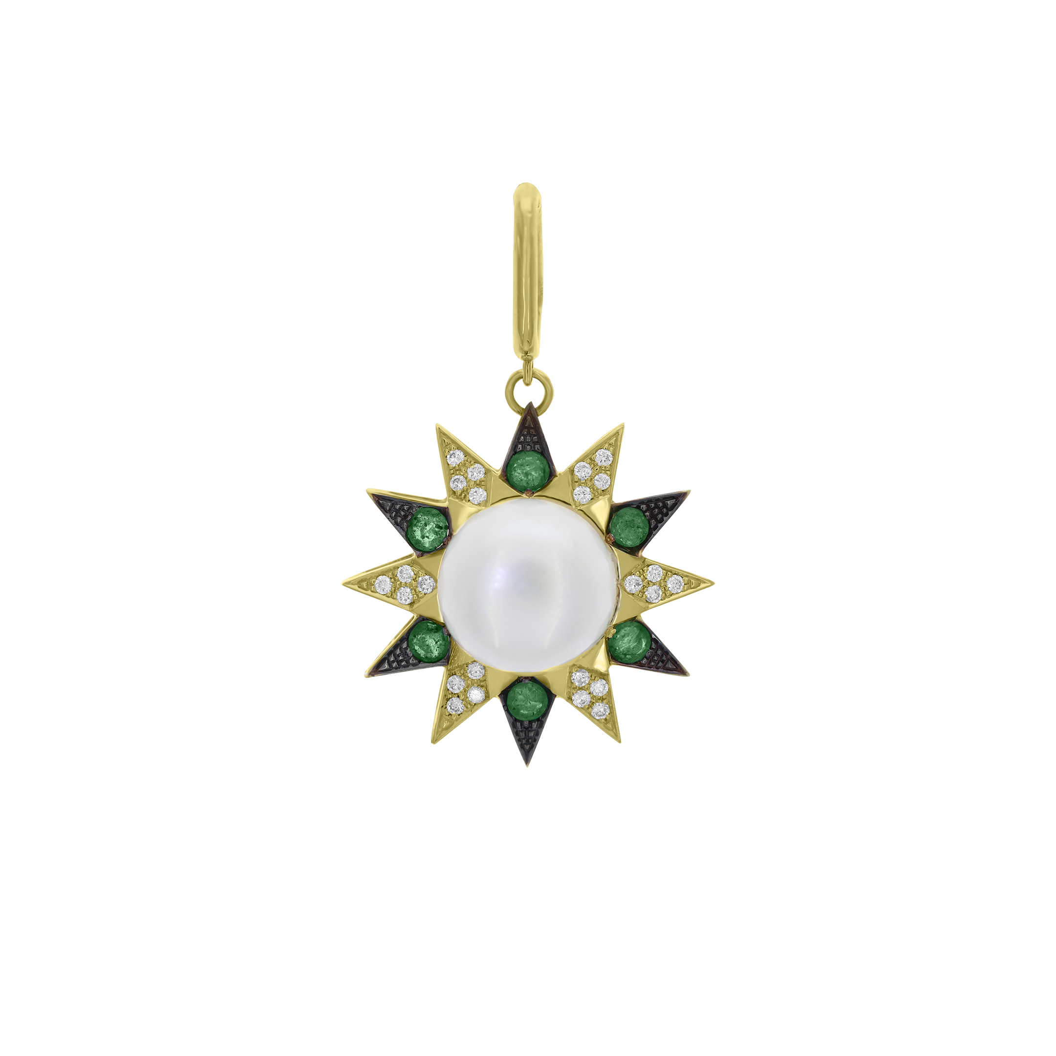 Elegant pearl center starburst pendant with emerald accents and gold detailing.