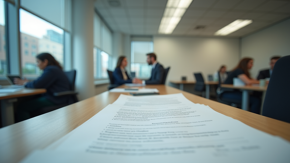 Eye-level view of a social assistance office with documents on a desk