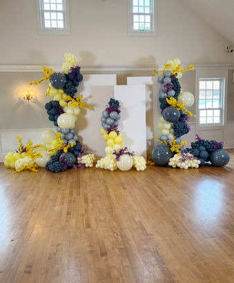 Vogue rectangle wood backdrops with three organic balloon garlands for a Long Island event