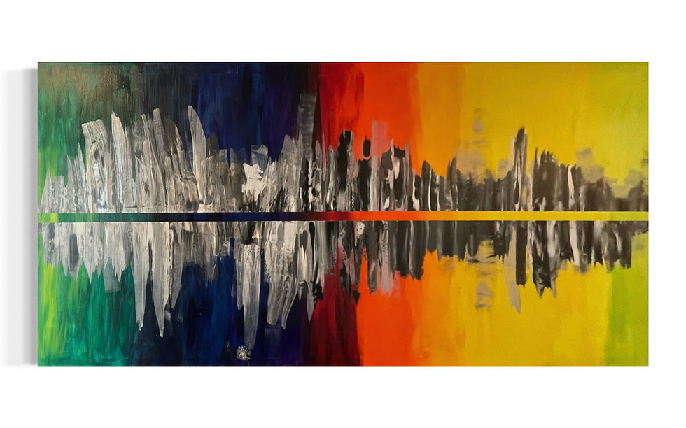 Reflections, großes abstraktes Querformat 100 x 200 cm: farbige Skyline aus Spachtelstrichen, die sich im Wasser spiegelt, vo