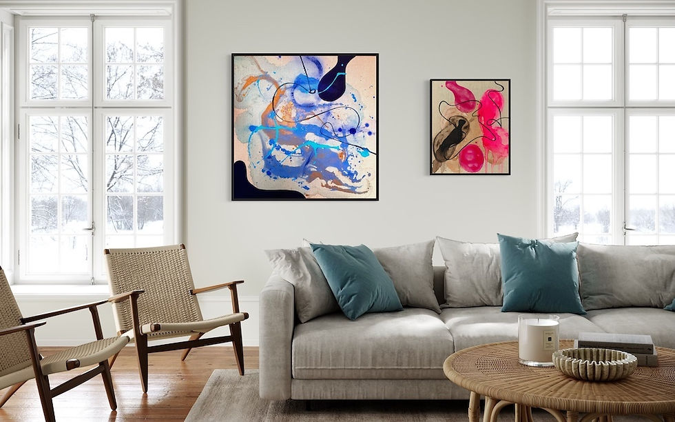 Miniaturbild: Kunstwerk blau, gold und schwarz  auf naturbelassener Leinwand von Sandra Krämer