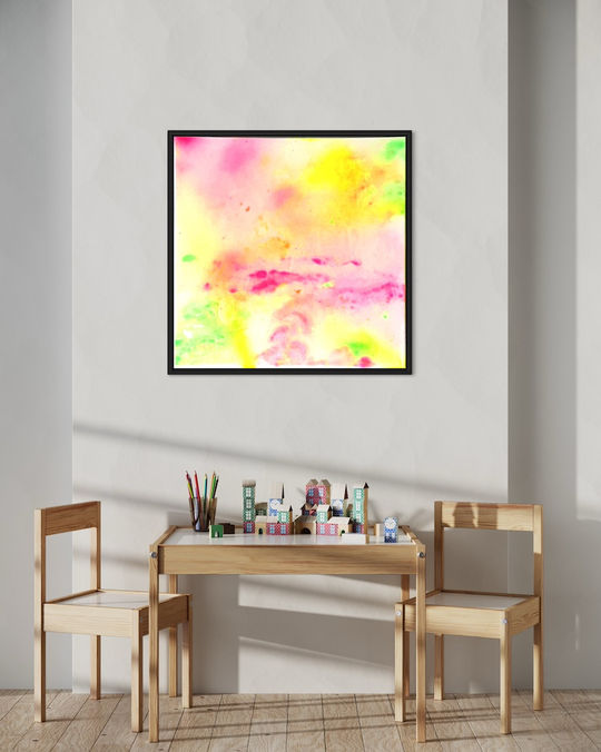 Neonfarben quadratisch mit weiß Acryl auf Leinwand im schwarzen Schattenfugenrahmen