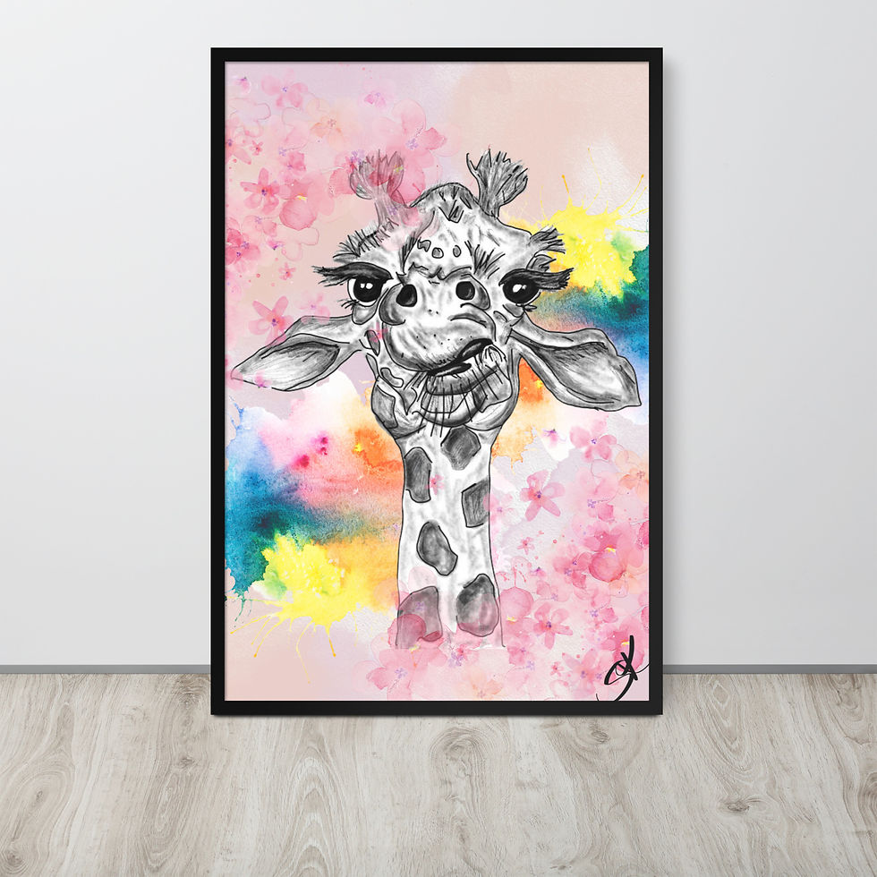 Miniaturbild: Giraffenkopf  auf buntem Hintergrund Gerahmtes Poster auf mattem Papier hinter Acrylglas schwarzer Rahmen 
