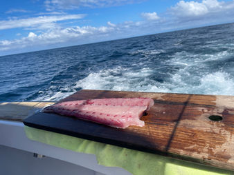 fresh fish cut on a cutting board on back of a boat