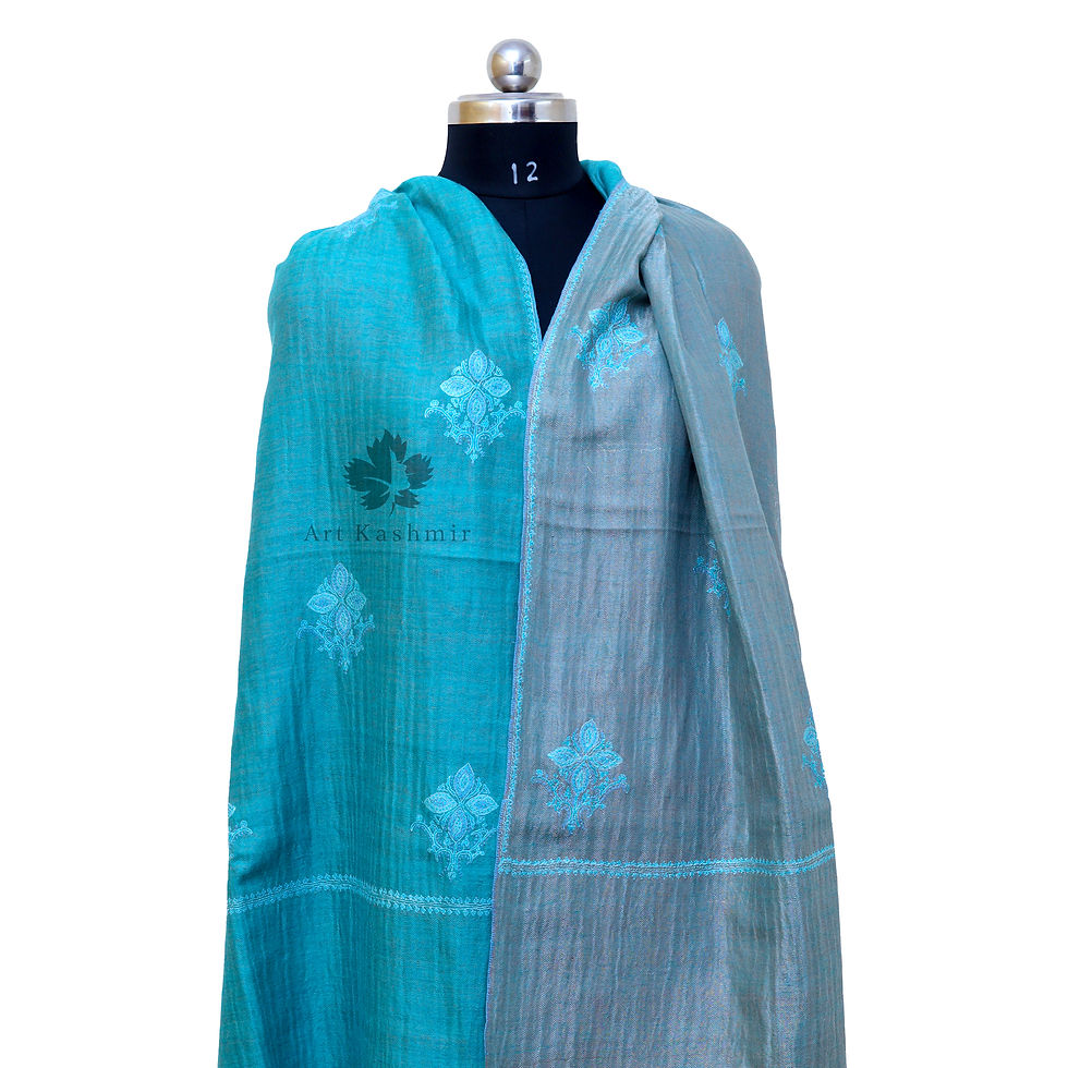 Thumbnail: Azure Mist & Silver Bloom Reversible Pashmina Shawl