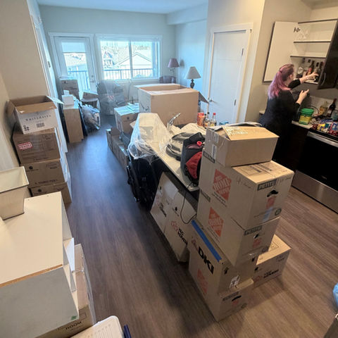 Living room with boxes while downsizing in preparation to move