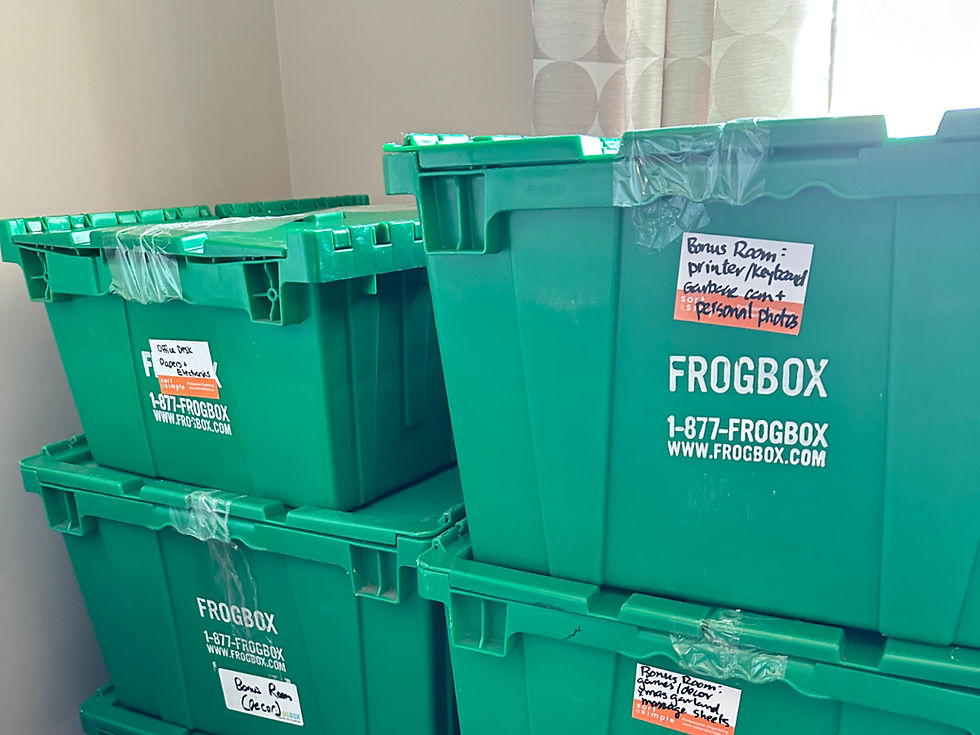 Neatly labeled moving boxes in an Edmonton home, showing an organized approach to downsizing.