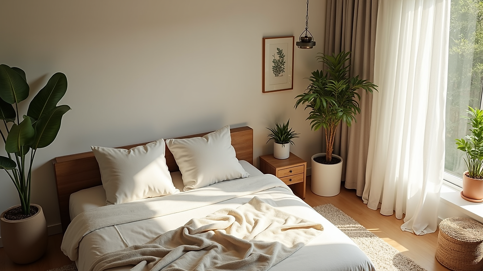High angle view of a peaceful Airbnb rental with a meditation corner and plants