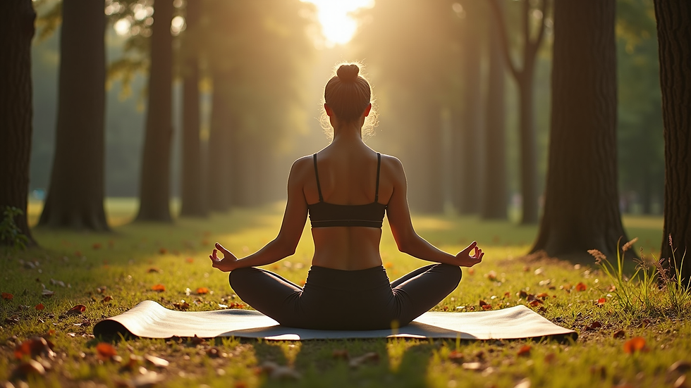 High angle view of a person meditating outdoors on a yoga mat surrounded by trees
