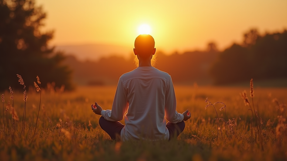 High angle view of a person meditating outdoors at sunrise, surrounded by nature