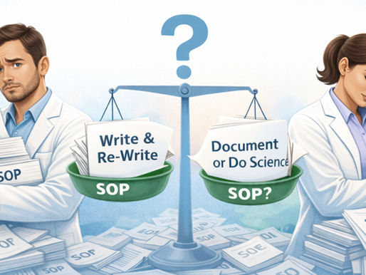 Two scientists, puzzled, stand by a scale with SOPs. Text: "Write & Re-Write," "Document or Do Science?" Background shows more SOPs.