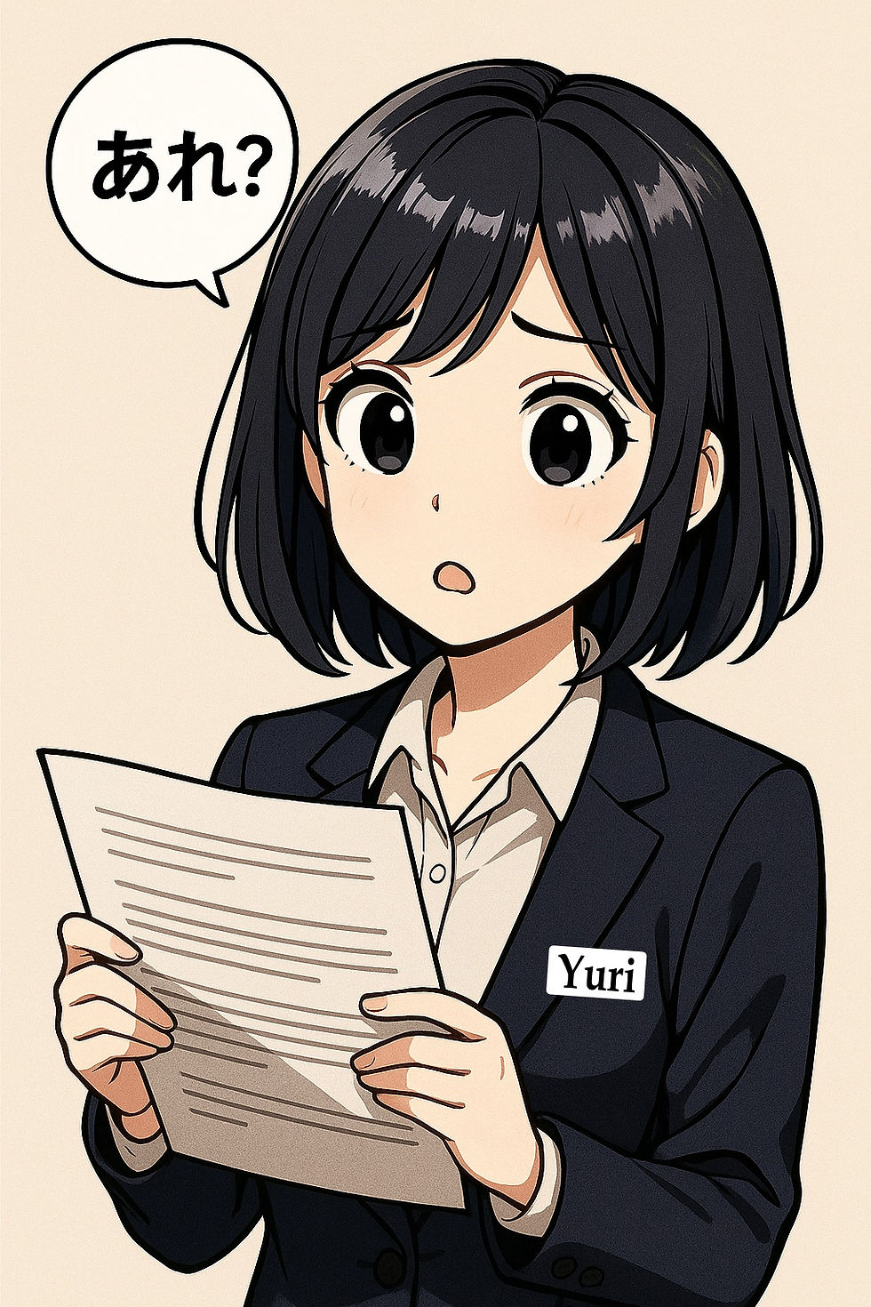 書類を確認して「あれ?」と言っている、オフィスMキャラクターゆり