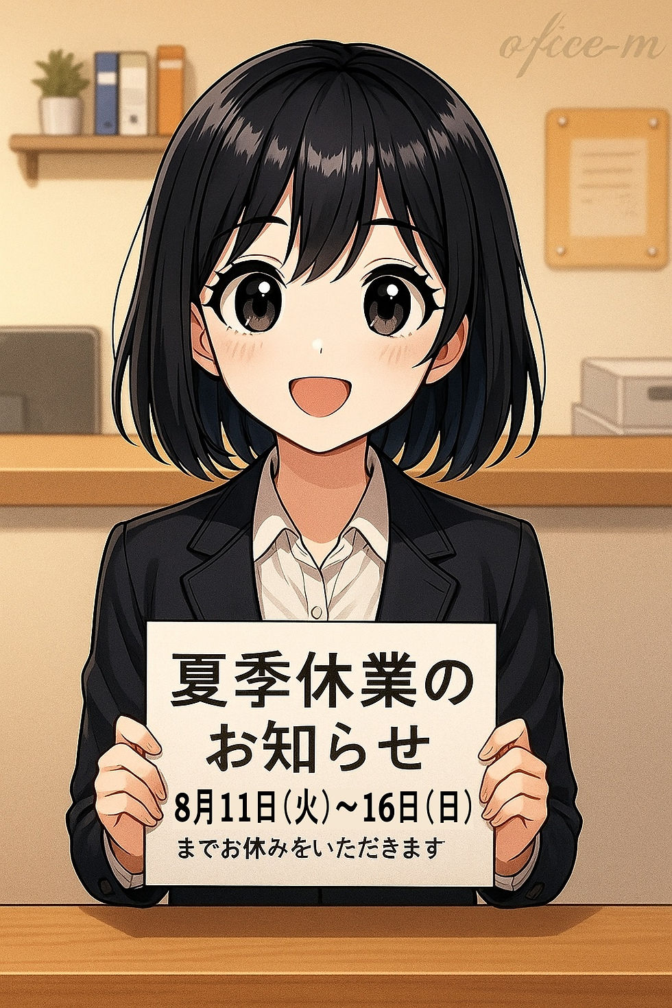 オフィスMのお盆休みを案内しているゆり