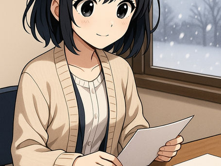 事務所で書類を確認しているゆり(窓の外は雪が降っている)