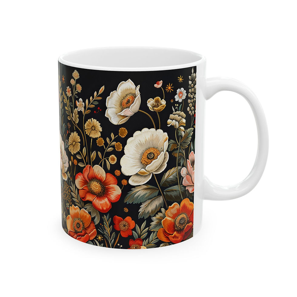 Thumbnail: Floral Ceramic Mug — Vintage Red & Cream Bouquet on Black (11oz, 15oz)