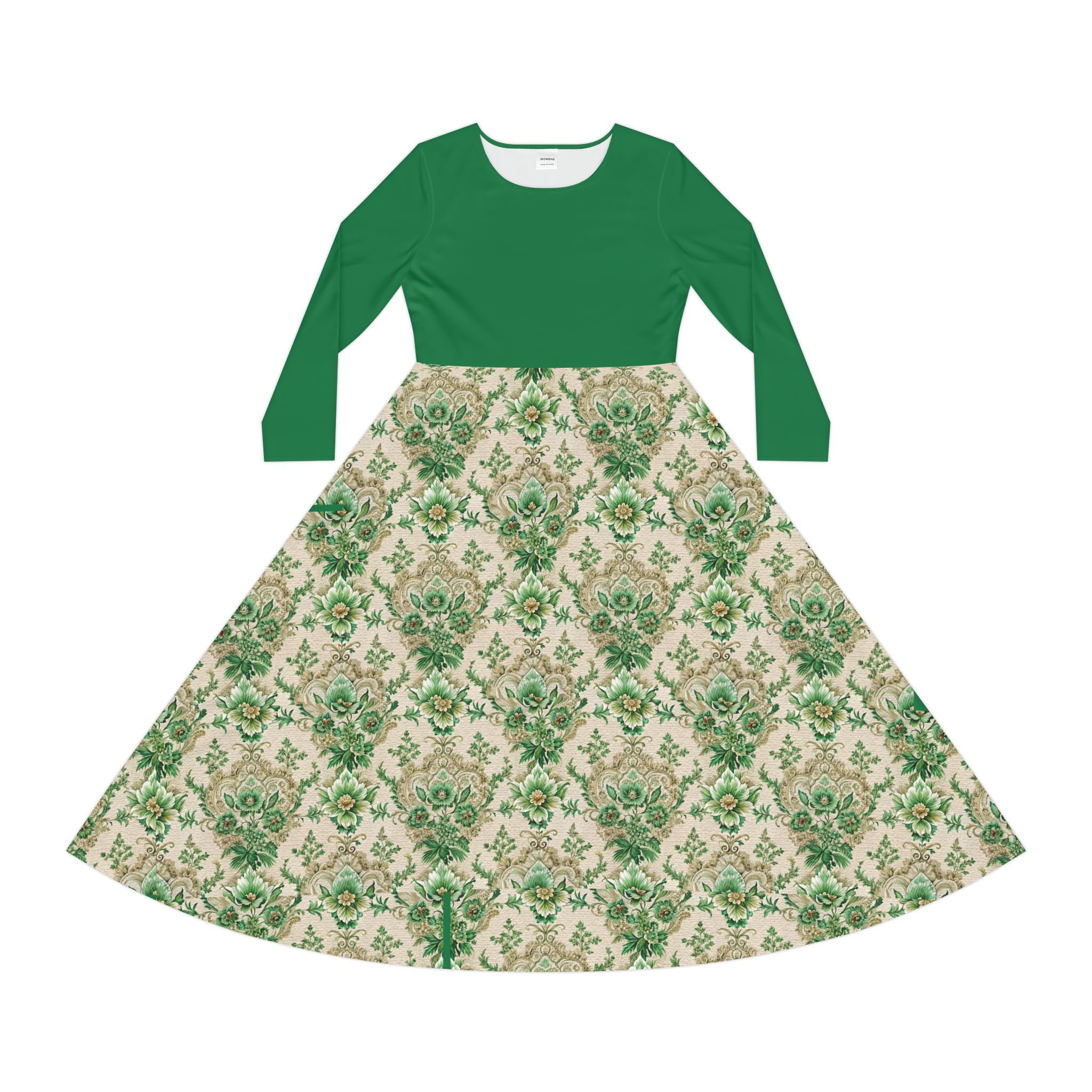 Green Embroidered Look Damask Long Sleeve Dress — Vintage Floral Circle Skirt