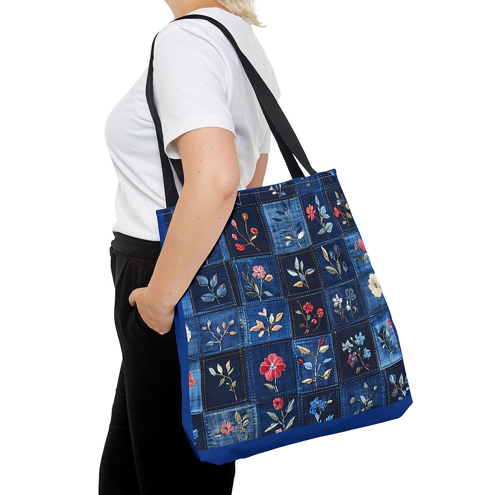 Thumbnail: Floral Indigo Patchwork Tote Bag — Quilted Blue Flower All-Over Print Tote