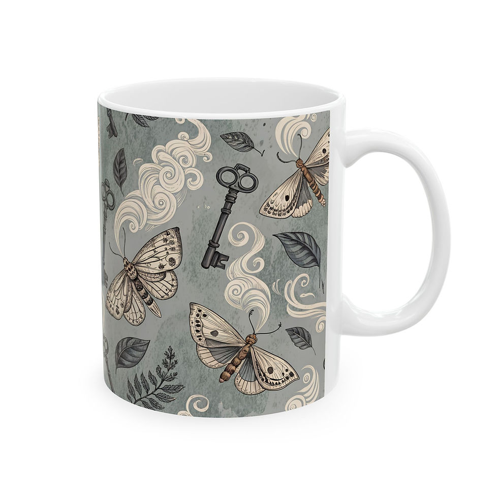 Thumbnail: Vintage Moth & Keys Ceramic Mug — Botanical Gothic Coffee Cup (11oz/15oz)