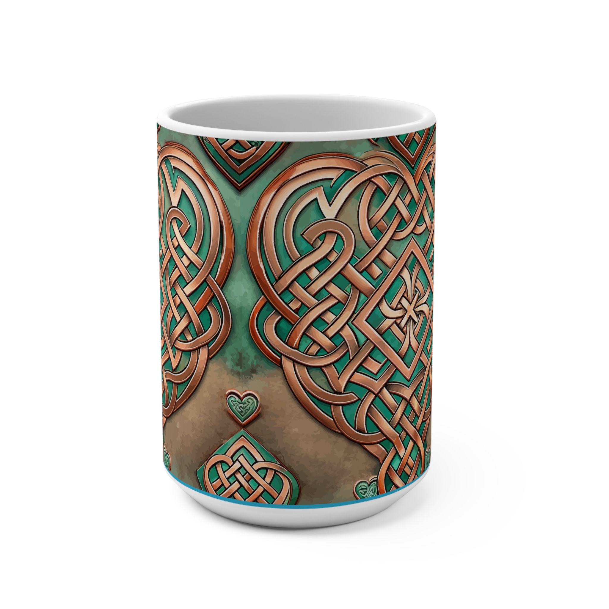 Celtic Knot Heart 15oz Mug — Green & Copper Celtic Pattern Coffee Cup