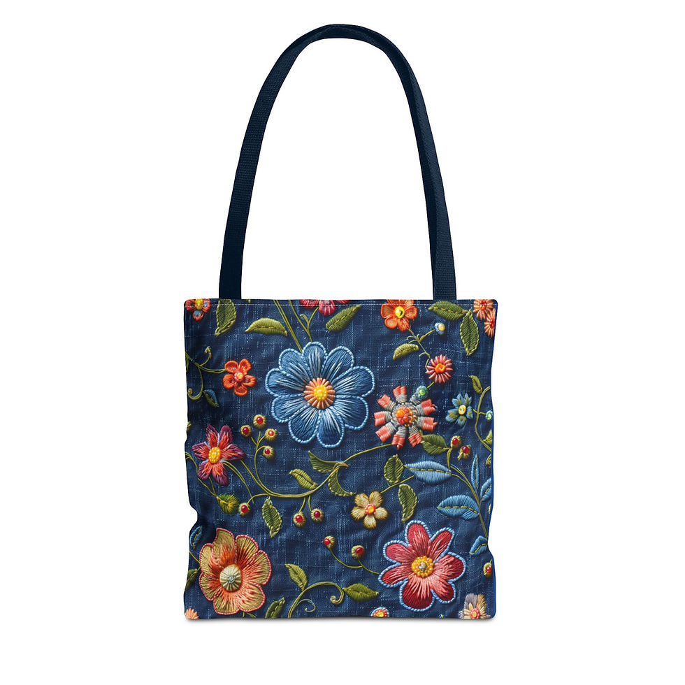 Thumbnail: Floral Embroidered Look Denim Tote Bag — Colorful Boho Garden Shopper