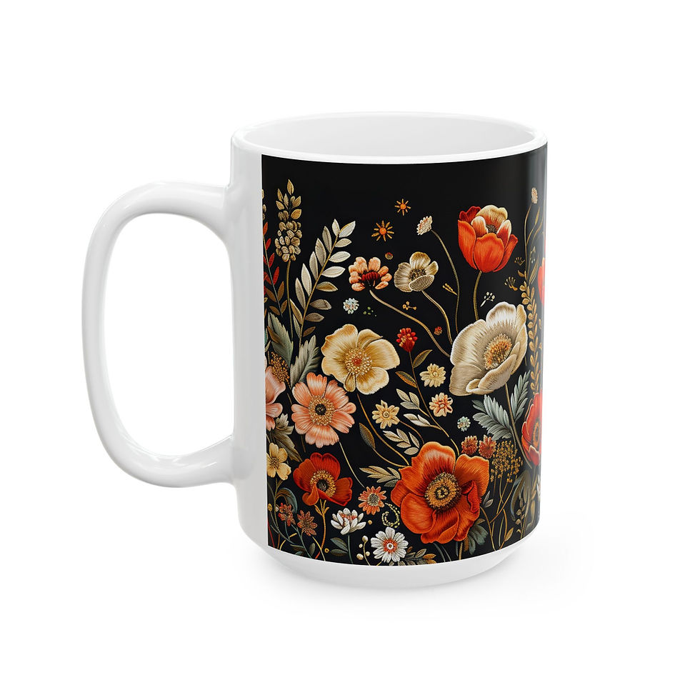 Thumbnail: Floral Ceramic Mug — Vintage Red & Cream Bouquet on Black (11oz, 15oz)
