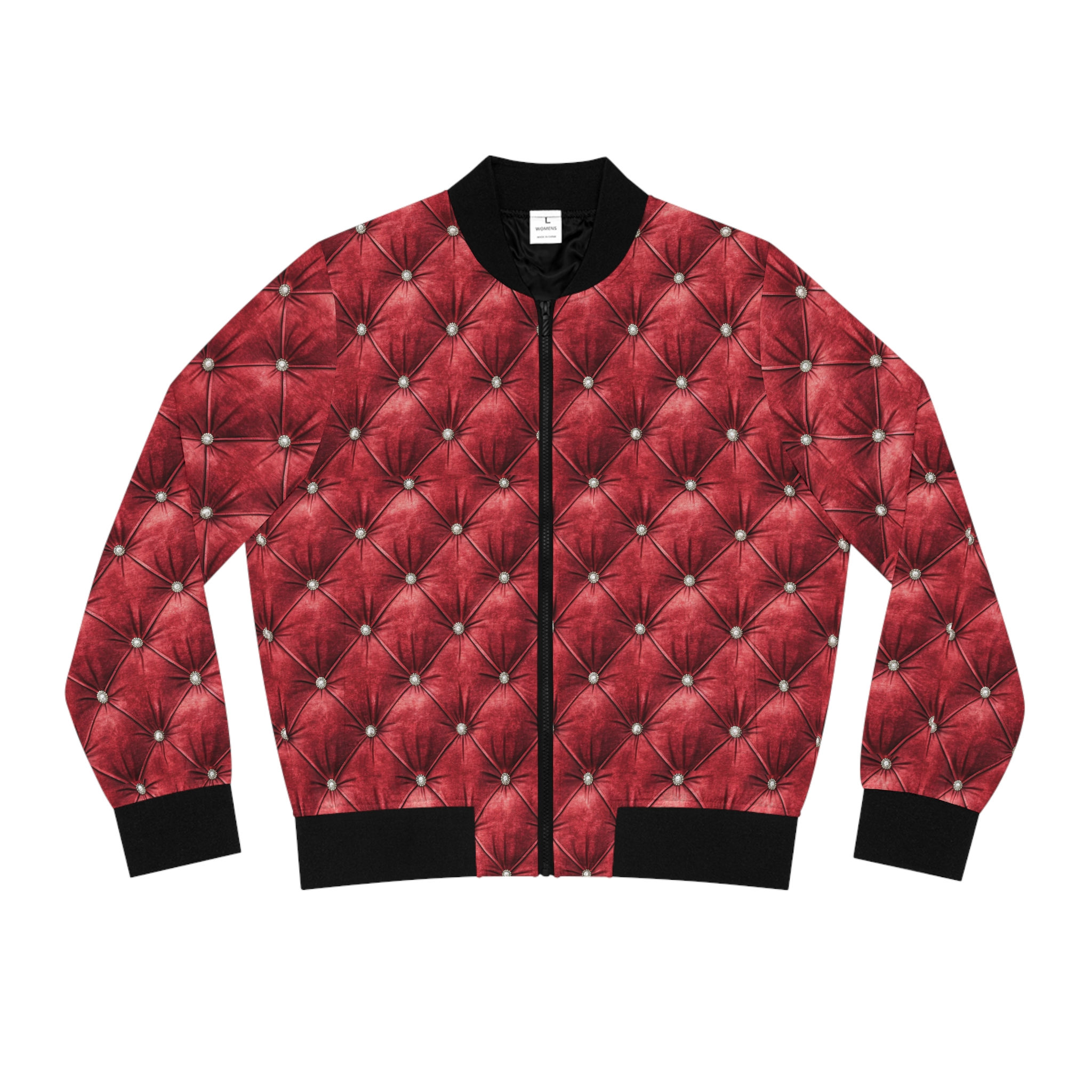 Red Tufted Velvet Pattern Bomber Jacket — Faux Quilted Women's Jacket