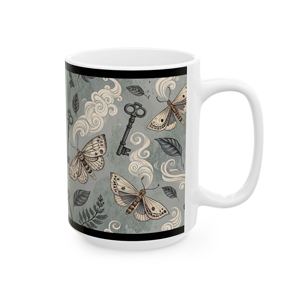 Thumbnail: Vintage Moth & Keys Ceramic Mug — Botanical Gothic Coffee Cup (11oz/15oz)