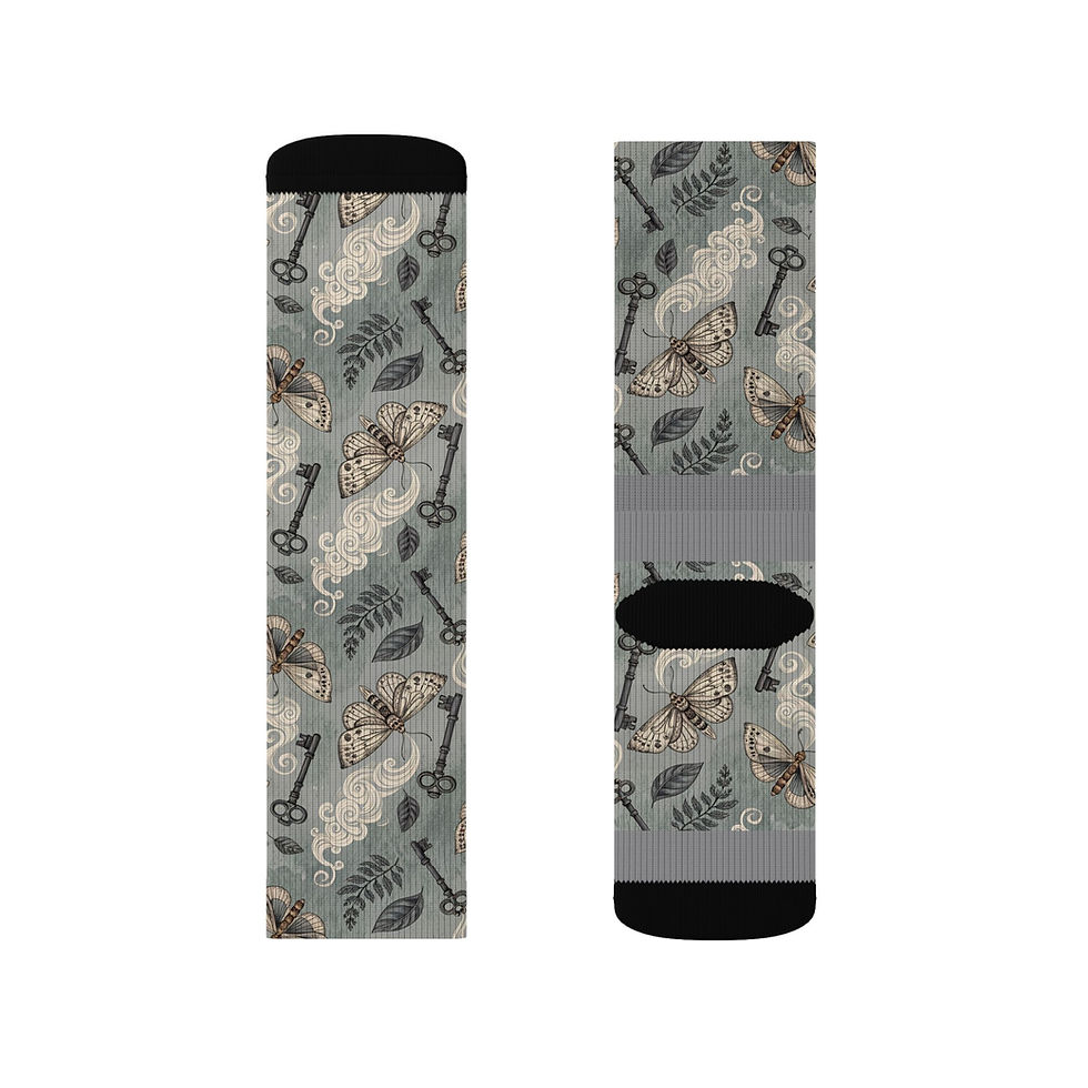 Thumbnail: Sublimation Socks - Vintage Keys & Feathers All-Over Print Crew Socks