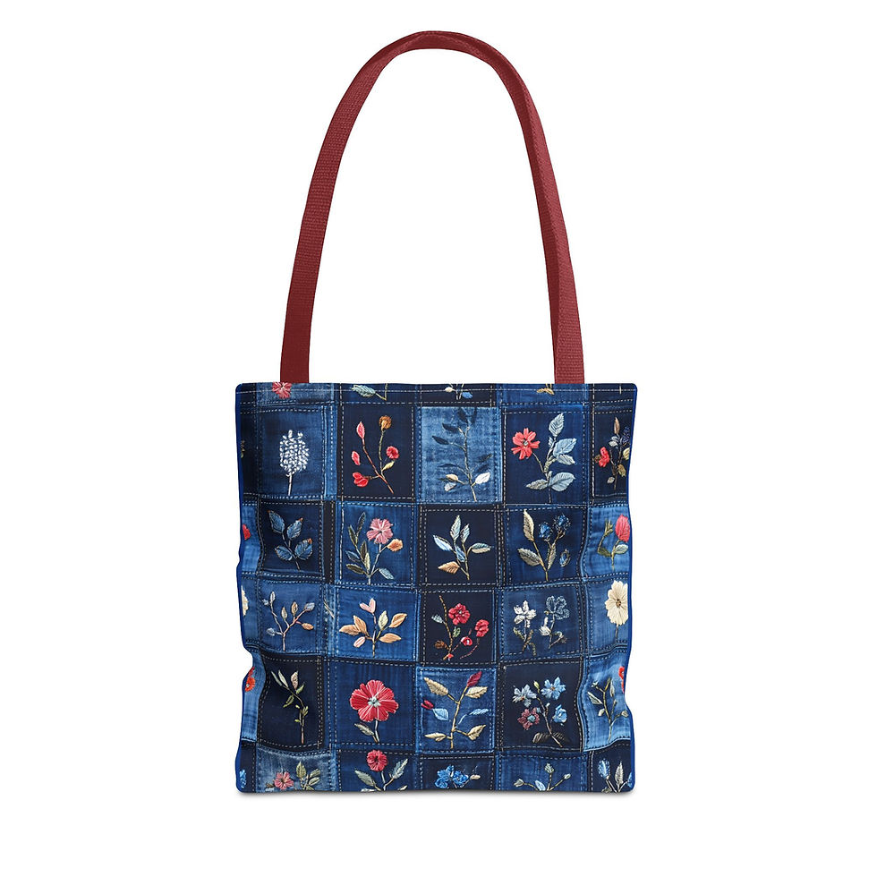 Thumbnail: Floral Indigo Patchwork Tote Bag — Quilted Blue Flower All-Over Print Tote
