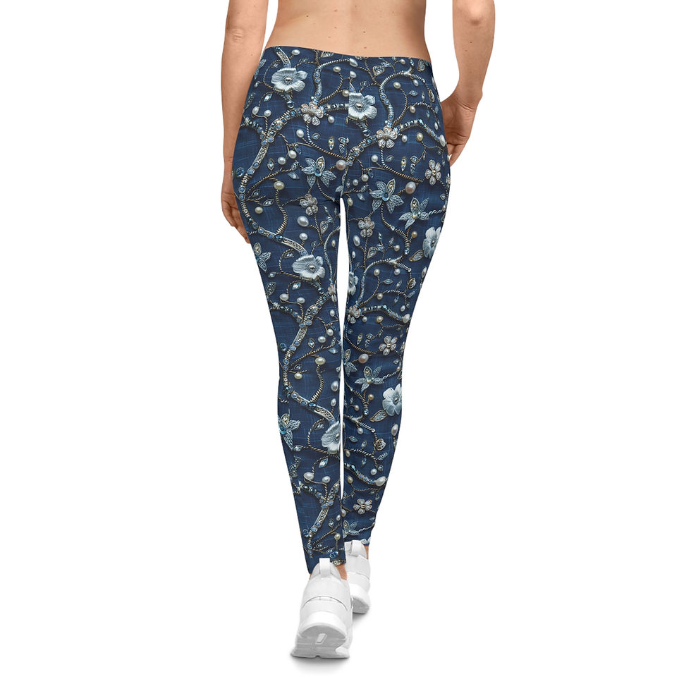 Thumbnail: Women's Blue Floral Rhinestone Look Vine Leggings  