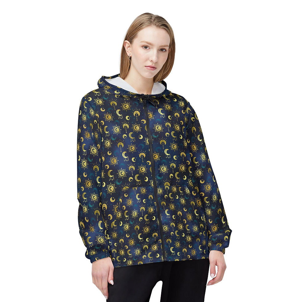 Thumbnail: Bohemian Moon Windbreaker Jacket — Night Sky Pattern with Gold Pockets