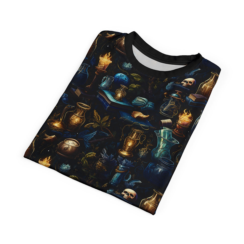 Thumbnail: Alchemist's Lab All-Over Print Tee — Candles, Vials & Skulls Pattern
