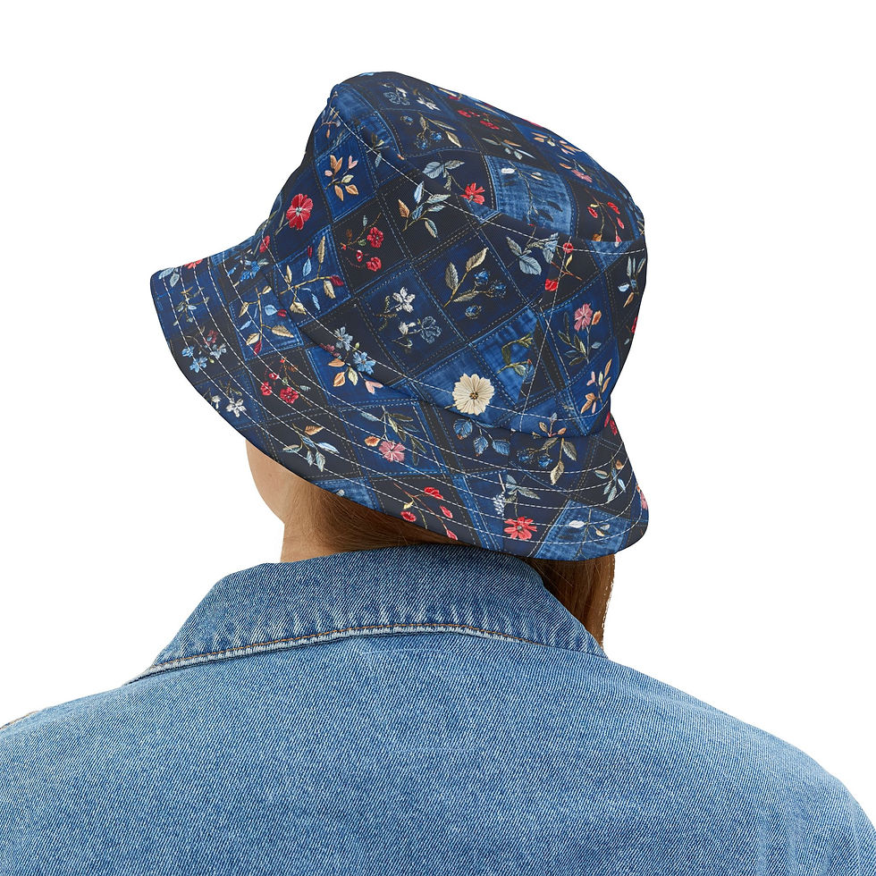 Thumbnail: Navy Patchwork Floral Bucket Hat — Retro Garden Print Sun Hat