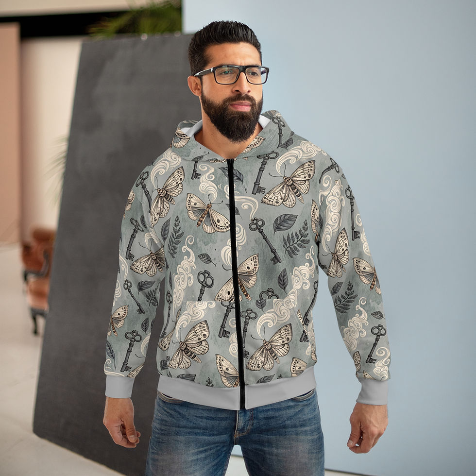 Thumbnail: Moth & Vintage Key All-Over Print Zip Hoodie — Botanical Gothic Streetwear