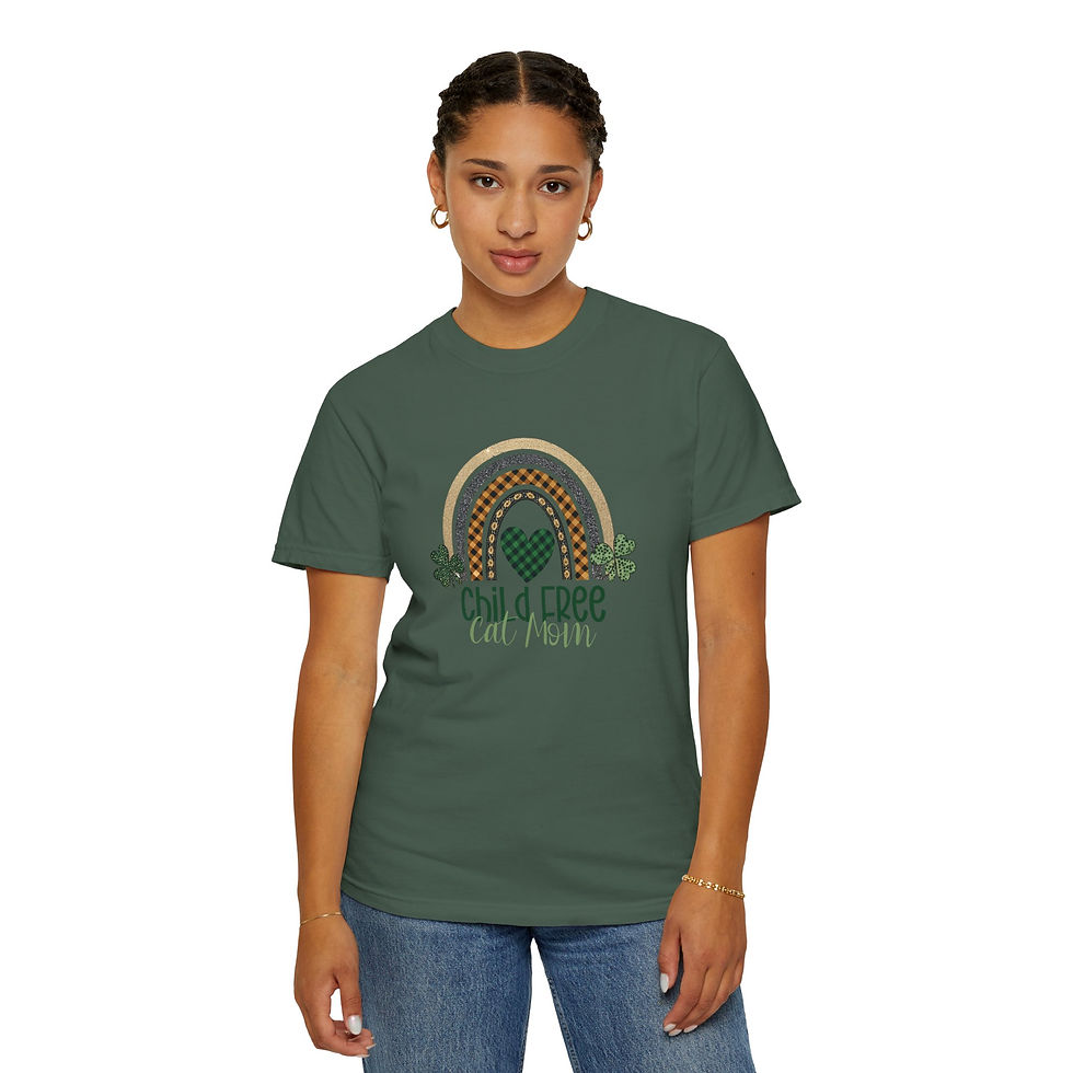Thumbnail: Child Free Cat Mom T-Shirt, St. Patrick's Day Rainbow Tee, Cat Lover Gift