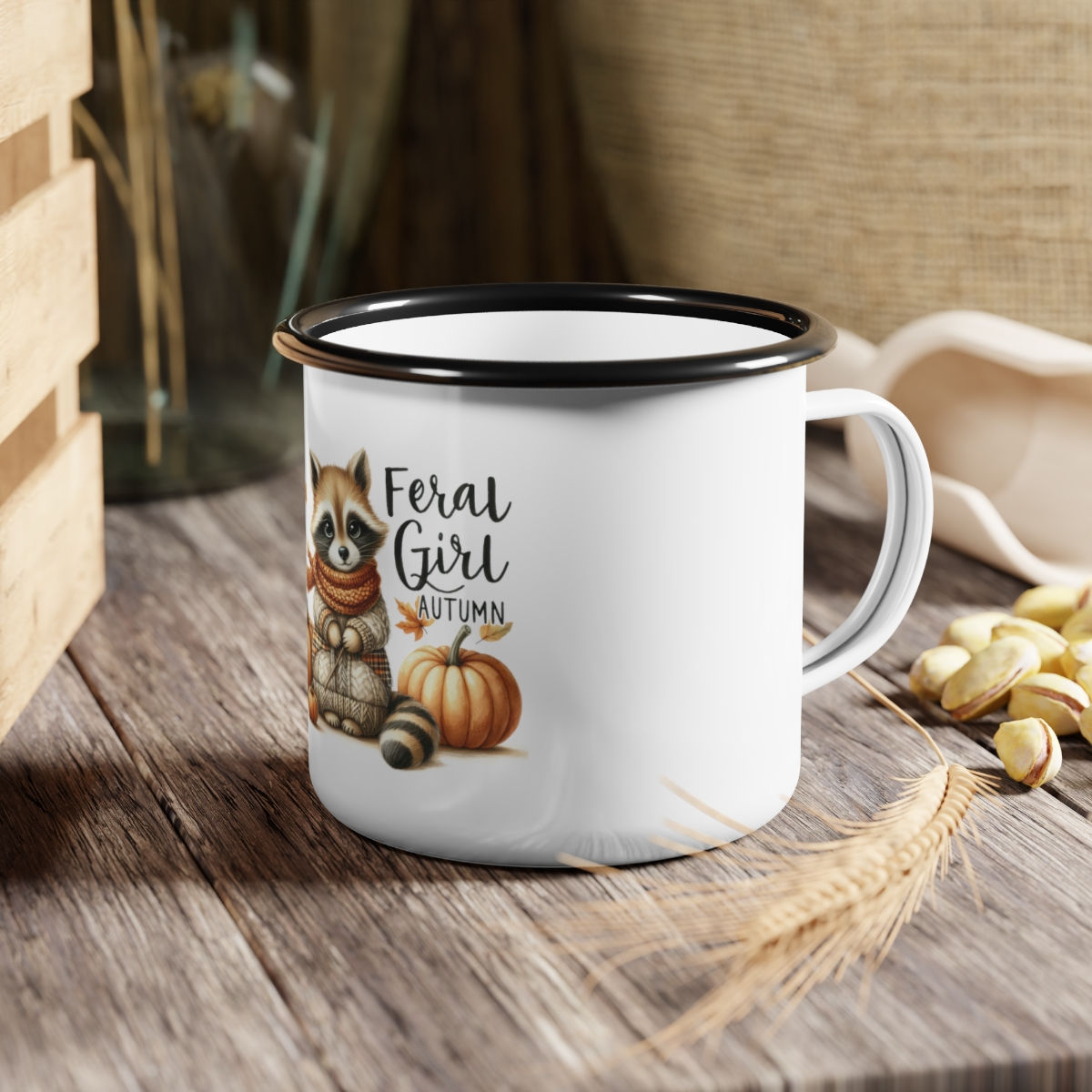 Feral Girl Autumn Mug, Raccoon Cup, Autumn Wildlife Art, Pumpkin Season Cup