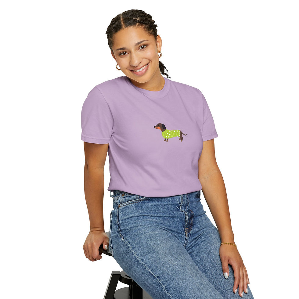 Thumbnail: Dachshund Green Sweater T-Shirt, Dog Mom Tee, Polka Dot Dachshund Shirt