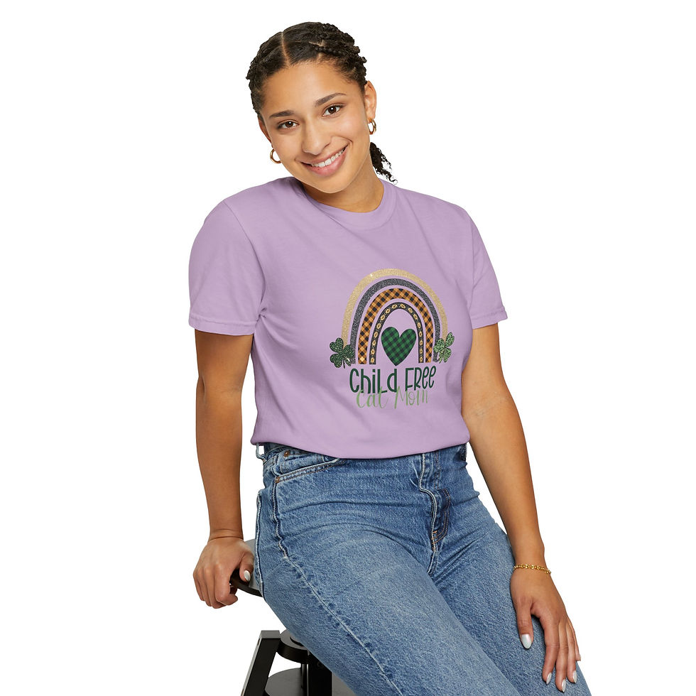 Thumbnail: Child Free Cat Mom T-Shirt, St. Patrick's Day Rainbow Tee, Cat Lover Gift
