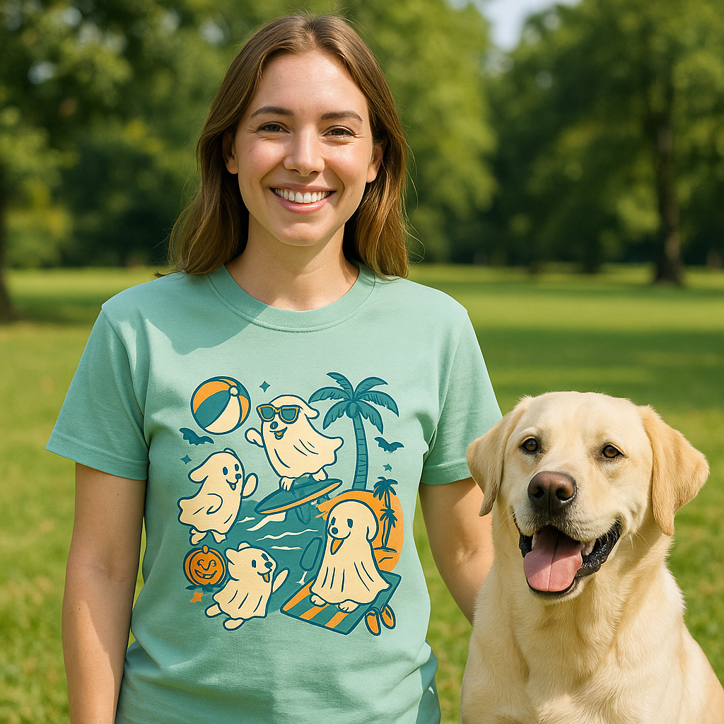 Summerween T-Shirt, Ghost Dog Beach Shirt, Spooky Season Summer Shirt, Dog Mom T