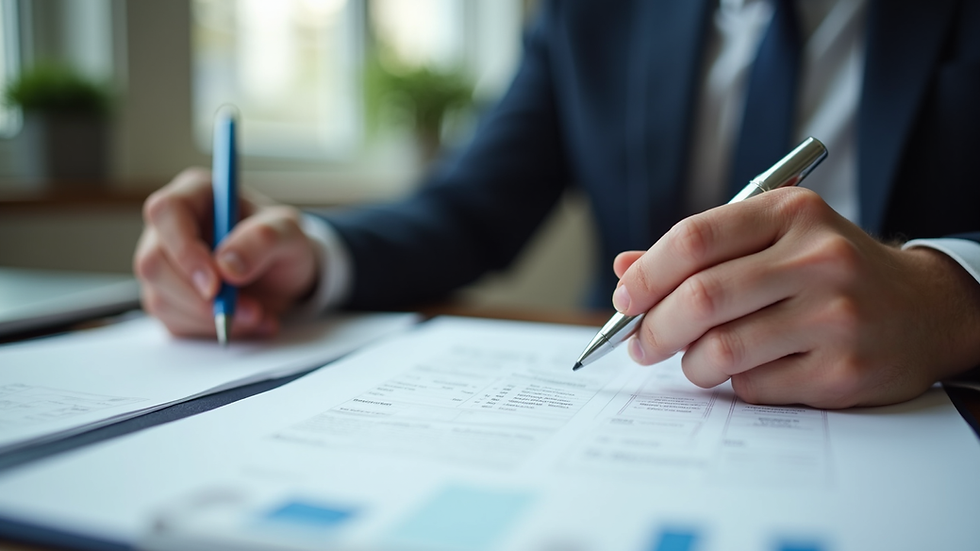 Close-up view of a consultant reviewing grant documents with a client