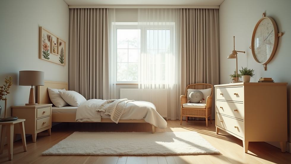 Eye-level view of a child’s bedroom with a neatly arranged bedtime setup