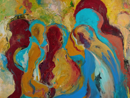 A painting of brightly colored human silhouettes intermingling and bleeding into each other. "Shadows of Tomorrow", by Simona Ray.