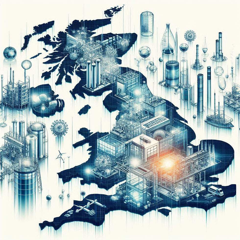 A collage of futuristic industry overlaid on an outline of the UK