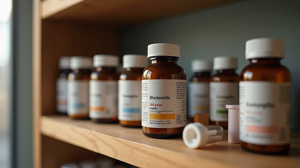 Eye-level view of a homeopathic medicine bottles on a wooden shelf