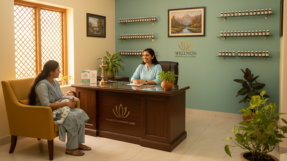 Eye-level view of a cozy homeopathy clinic reception area