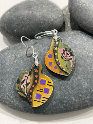 Modern plant leaf earring hand painted , laser cut wood leaf