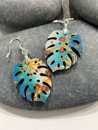 Plant earrings, Monstera leaf earrings, laser cut wood, hand painted, contemporary  style earrings